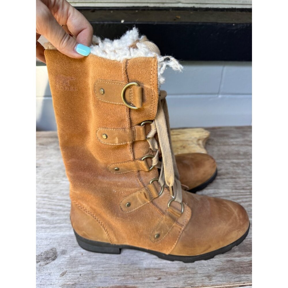 SOREL Emelie NL2680-286 Tan Suede Leather Waterproof Lace Up Tall Boots Faux Fur - Picture 6 of 10